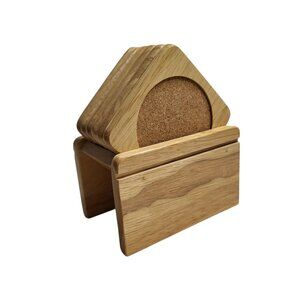 Vtg 80s/90s Copco 6 Coaster Set & Holder- Light Wood and Cork